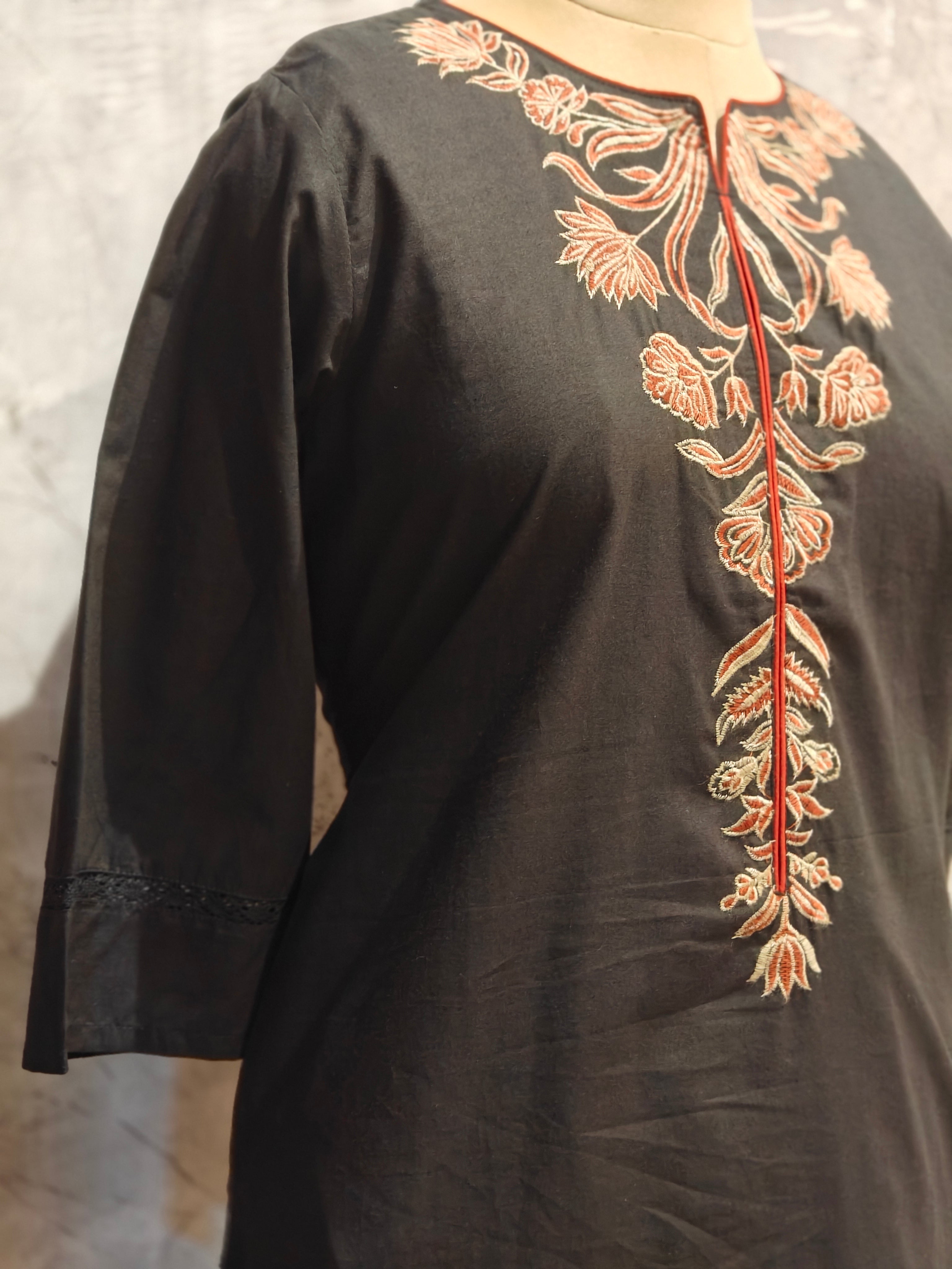 Black Cotton Thread Embroidery Straight Fit Kurtha 252