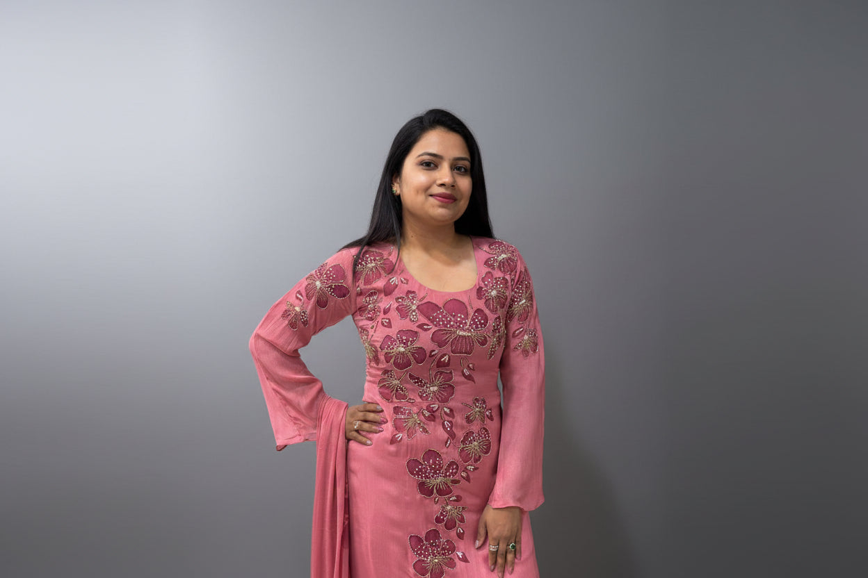 Onion Pink Airline  Chinnon Hand Embroidery Kurtha 765