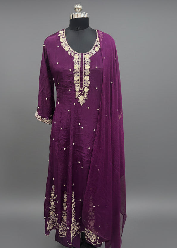 Wine Anarkali Chinnon Hand Embroidery Kurtha 567