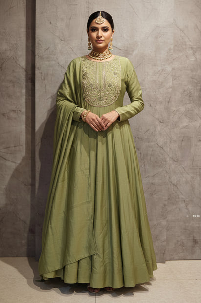 Pista Green Mul Chanderi Airline Handwork Kurtha 581