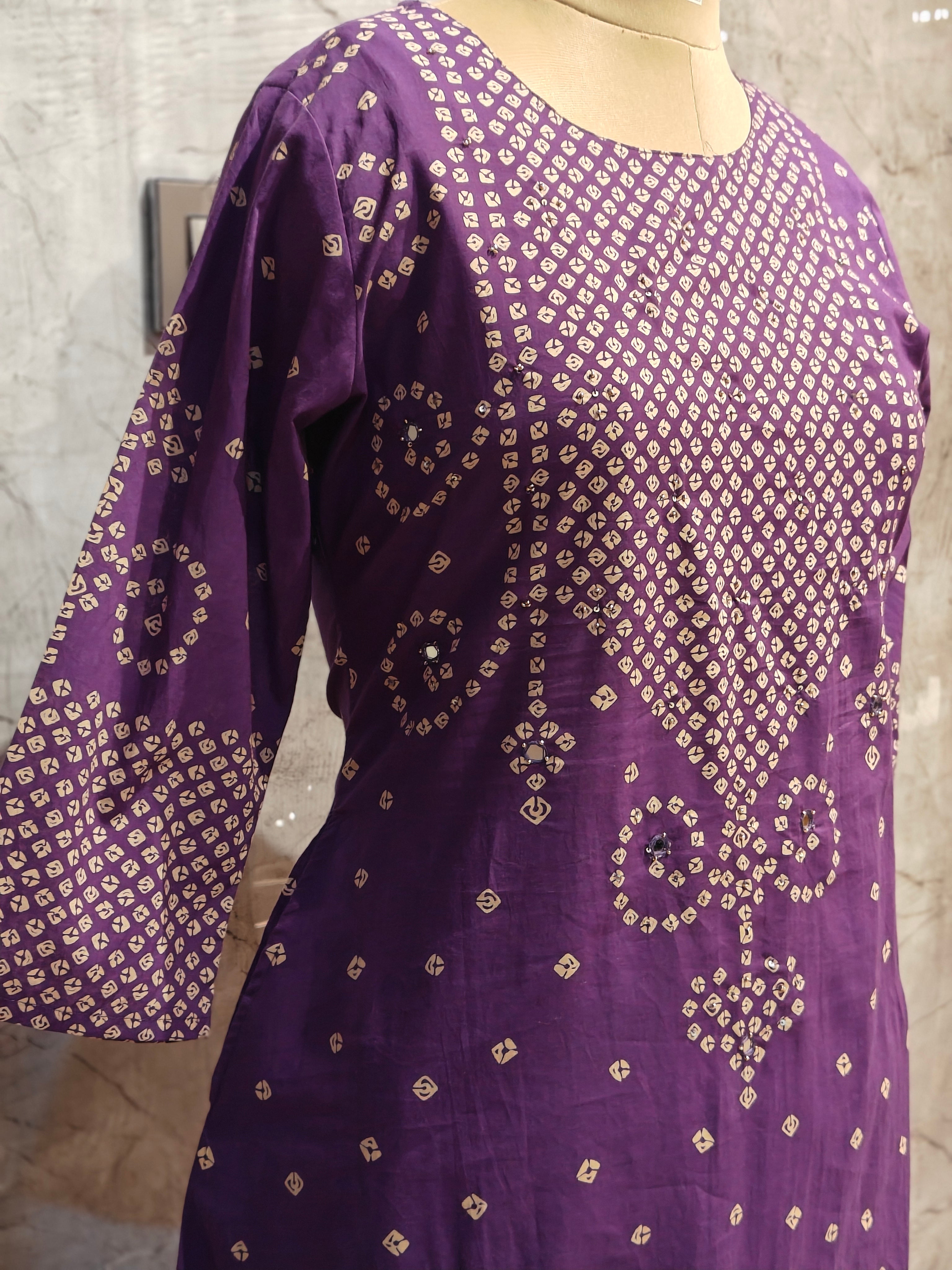 Purple Cotton Straight Fit Block print Kurtha 643