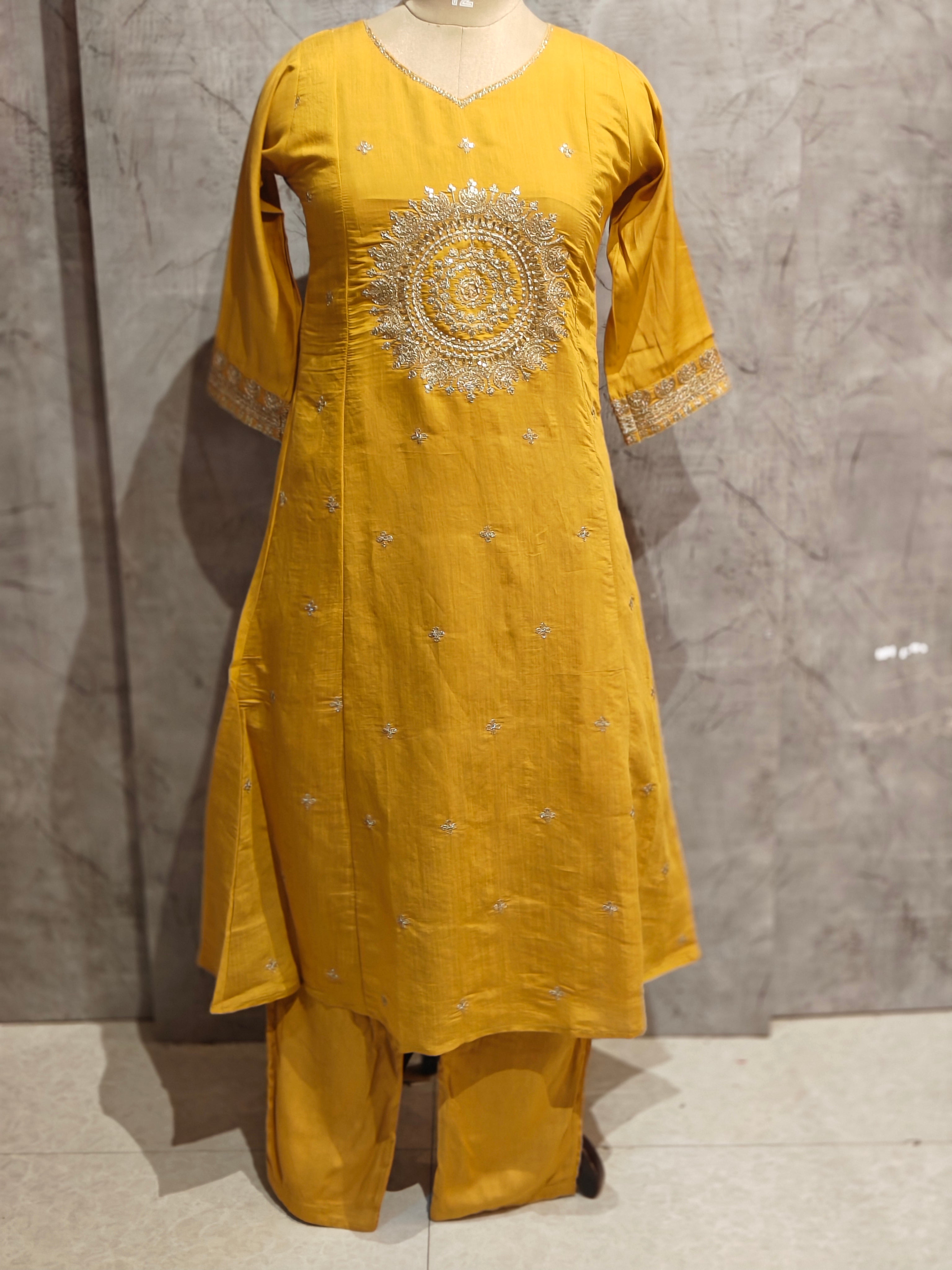 Yellow Mul Chanderi Anarkali Handwork Kurtha 126