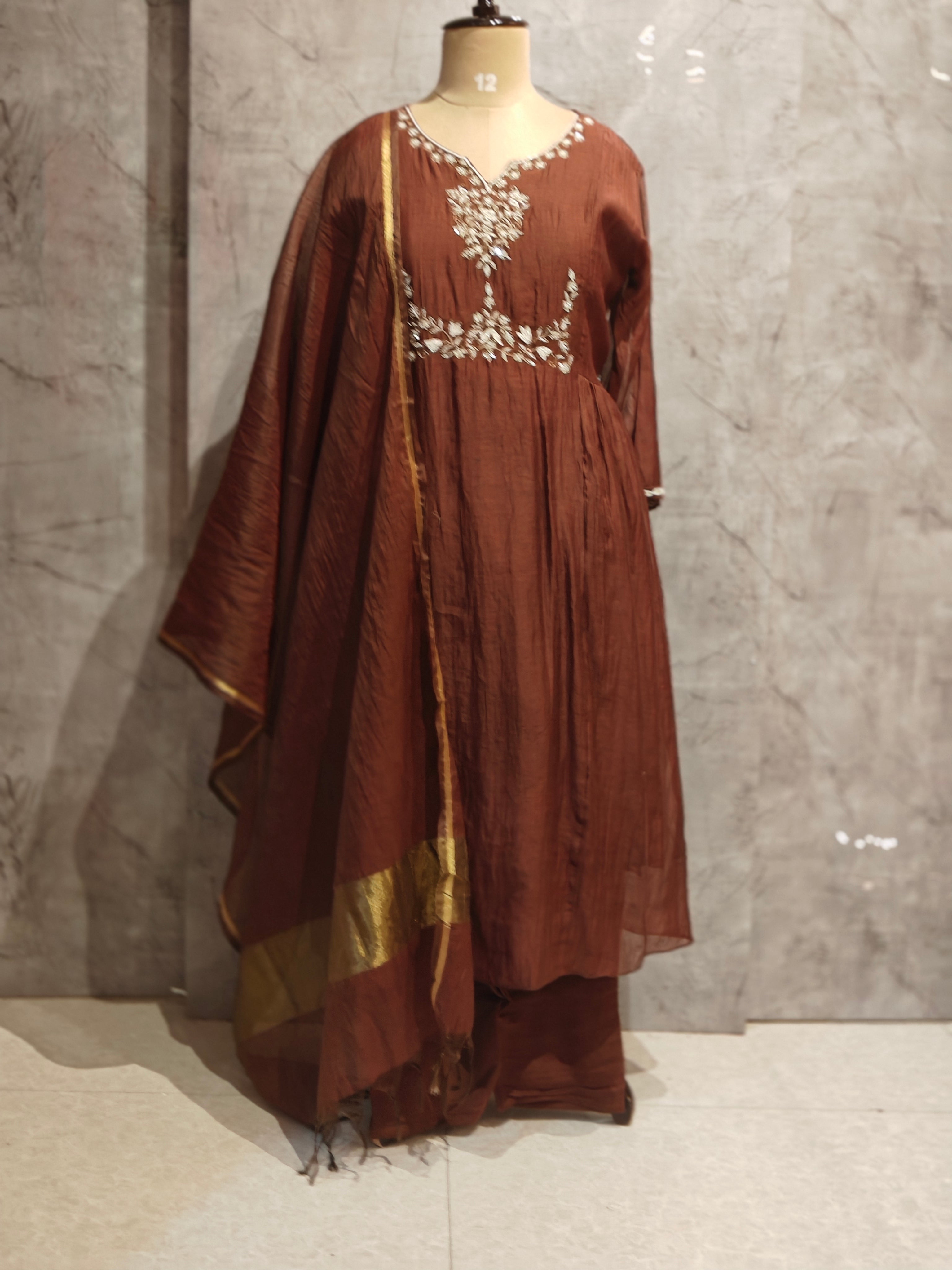 Brown Mul Chanderi silk Kurtha 765 with Handwork Embroidery