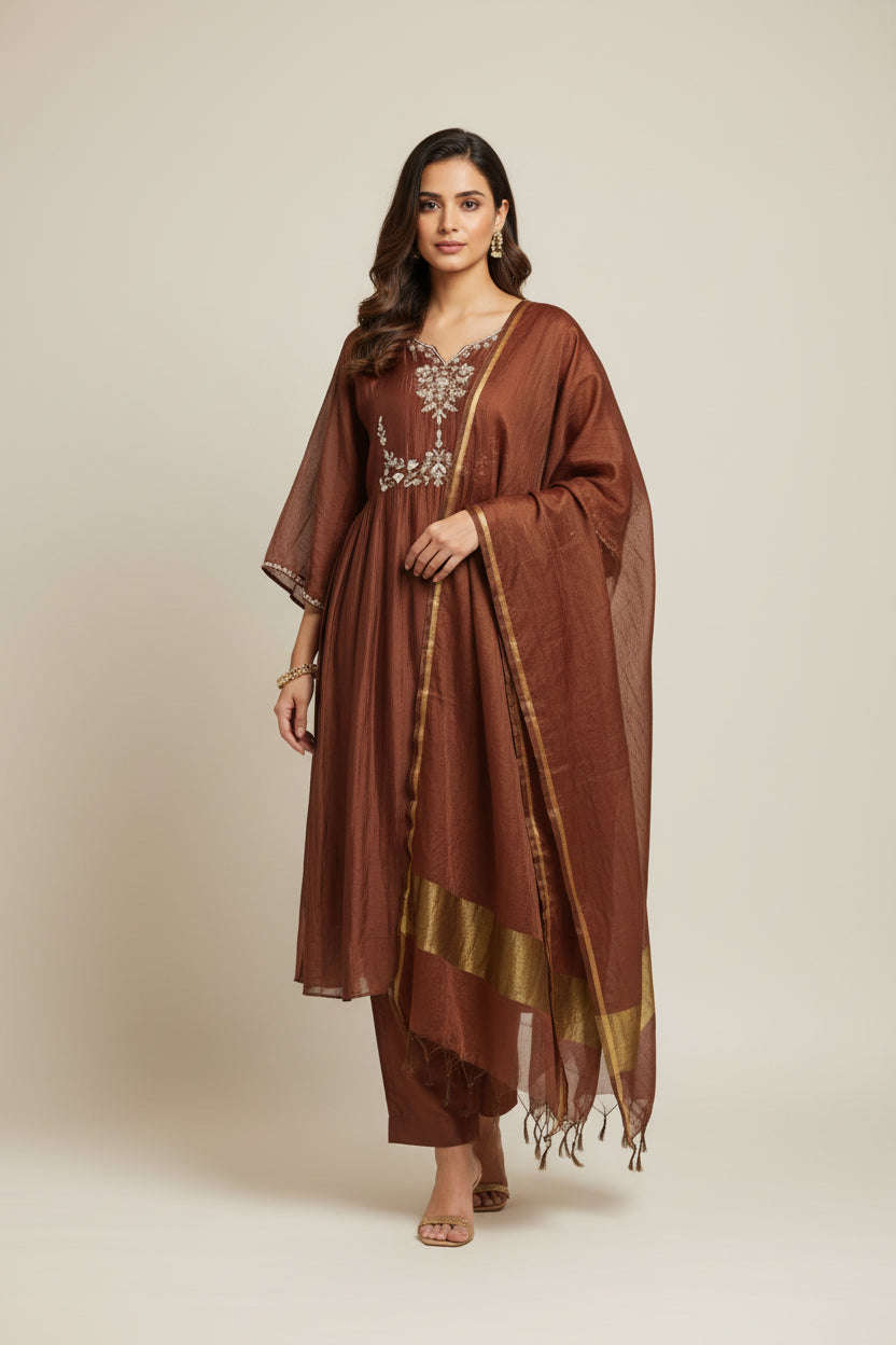 Brown Mul Chanderi silk Kurtha 765 with Handwork Embroidery
