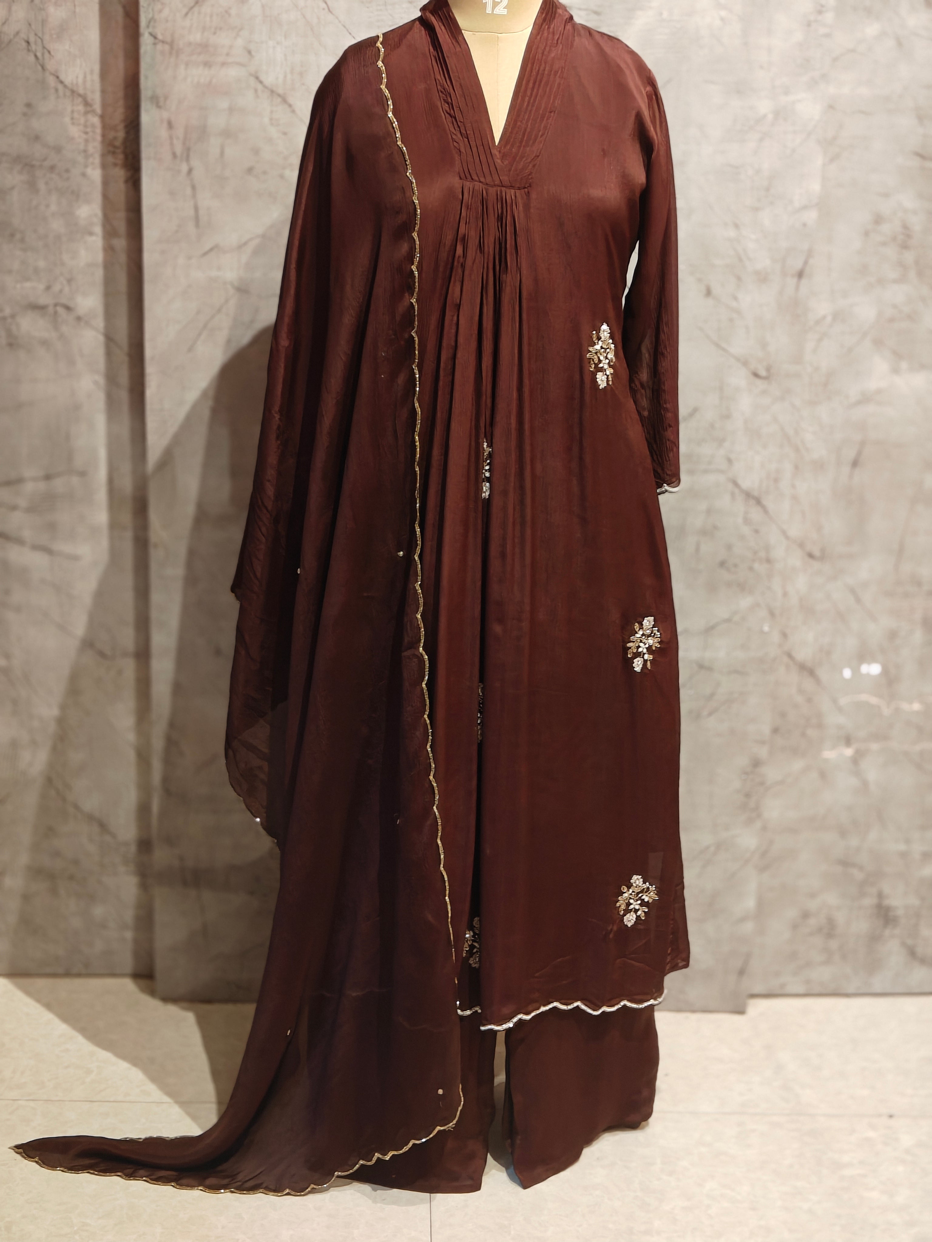 Brown Anarkali Chinnon Hand Embroidery Kurtha 567