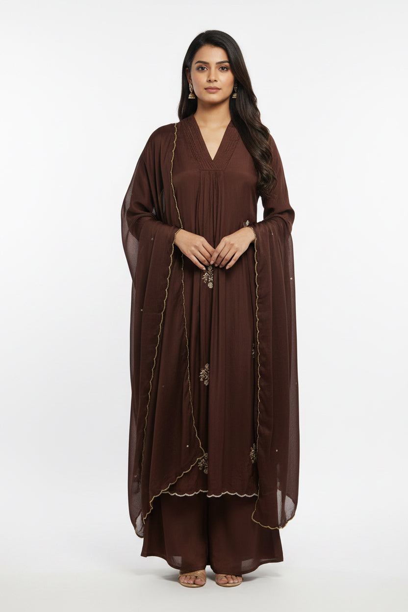 Brown Chinnon Hand Embroidery Airline Kurtha 291