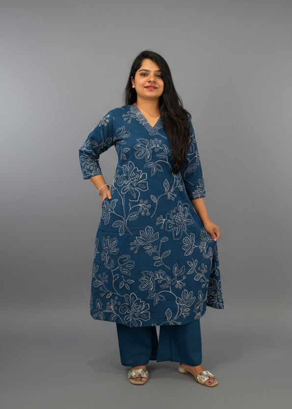 Blue  Cotton Hakoba Cord Set Kurtha 487