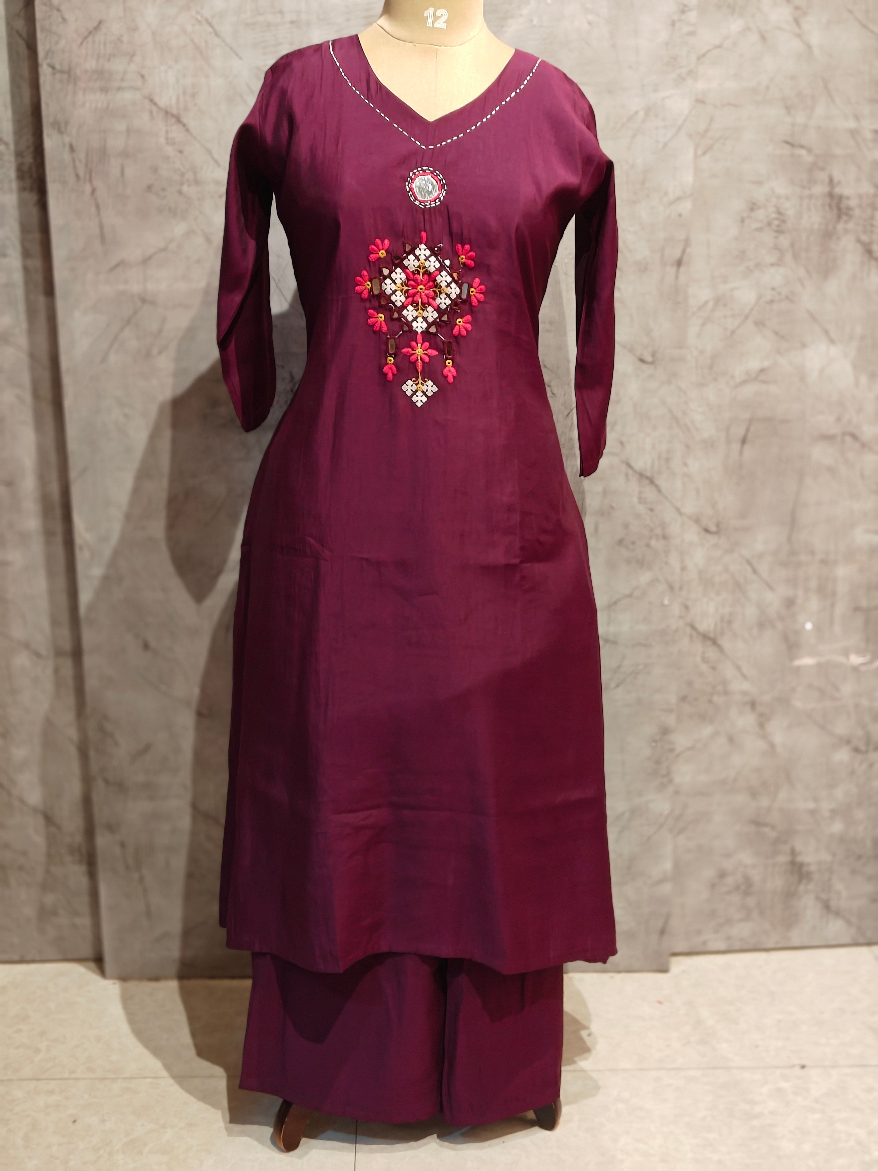 Purple Cotton Thread Embroidery work Cord Set Kurtha 413