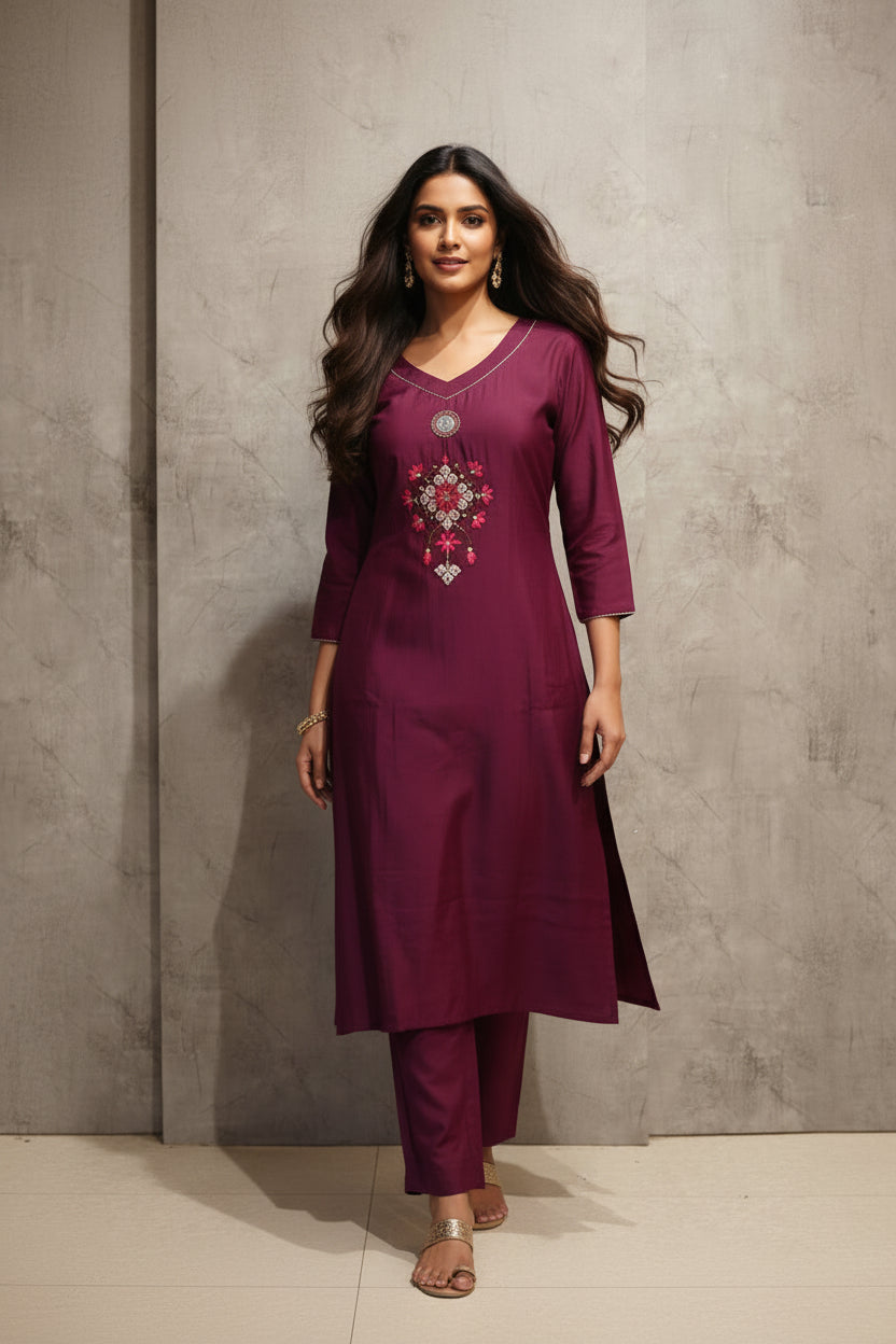 Purple Cotton Thread Embroidery work Cord Set Kurtha 413