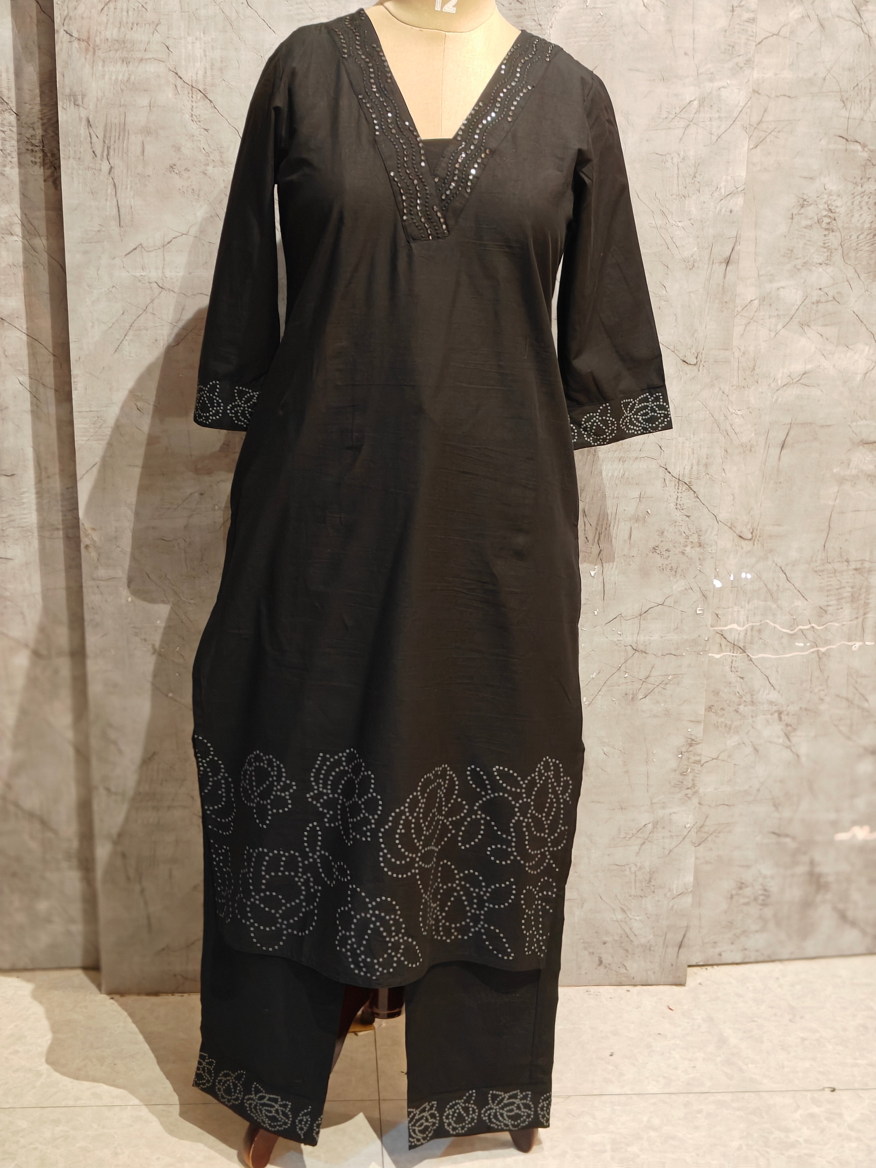 Black Cotton Block print Straight Fit Kurtha 253