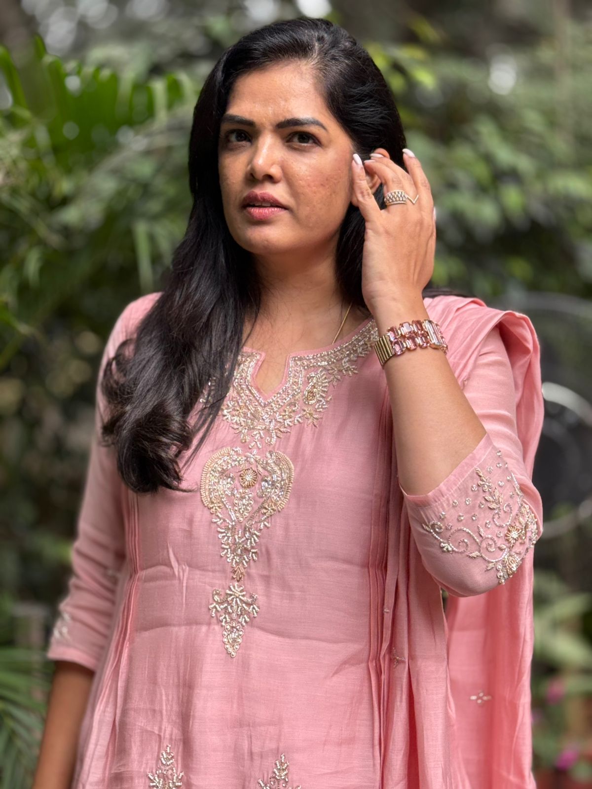 Baby Pink Mul Chanderi Hand Embroidery Anarkali Kurtha 488