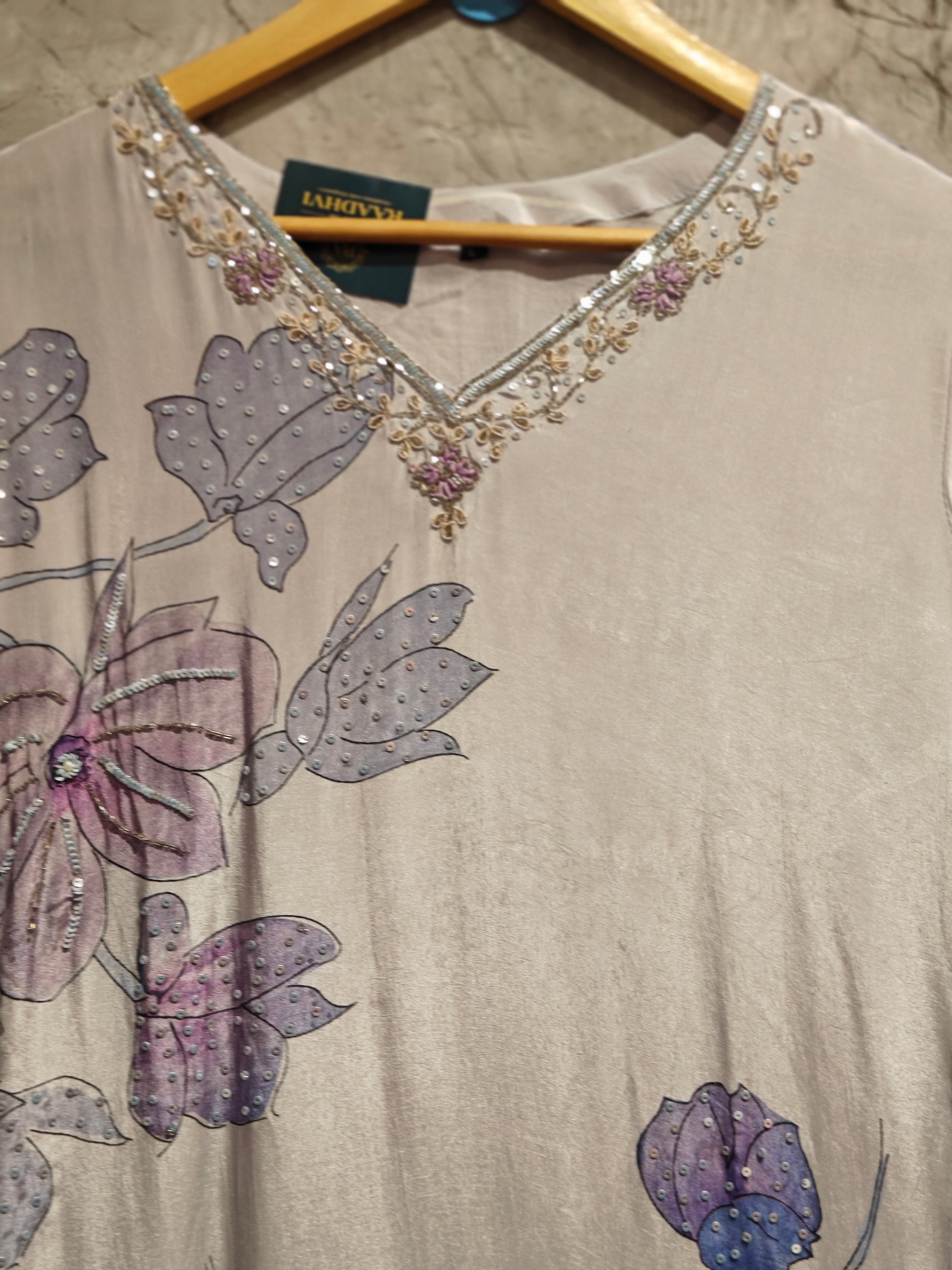 Purple Digital Print Handwork Crepe Kurtha 693