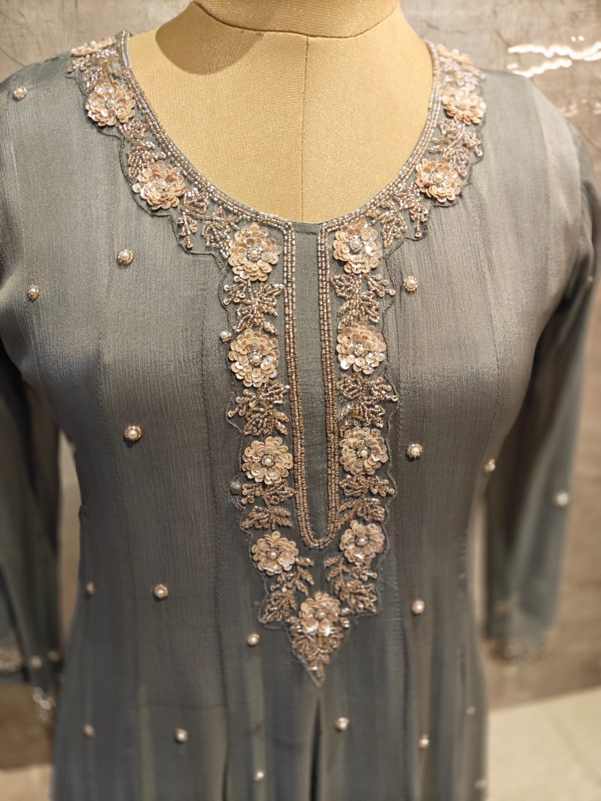 Grey Anarkali Chinnon Hand Embroidery Kurtha 567