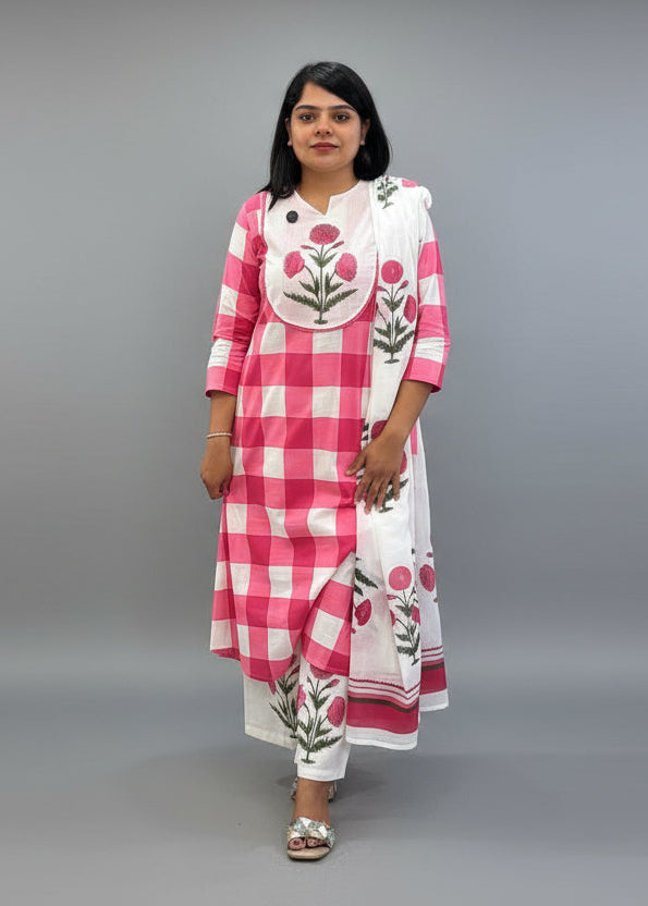 White nd Pink Cotton Thread Embroidery Kurtha 529