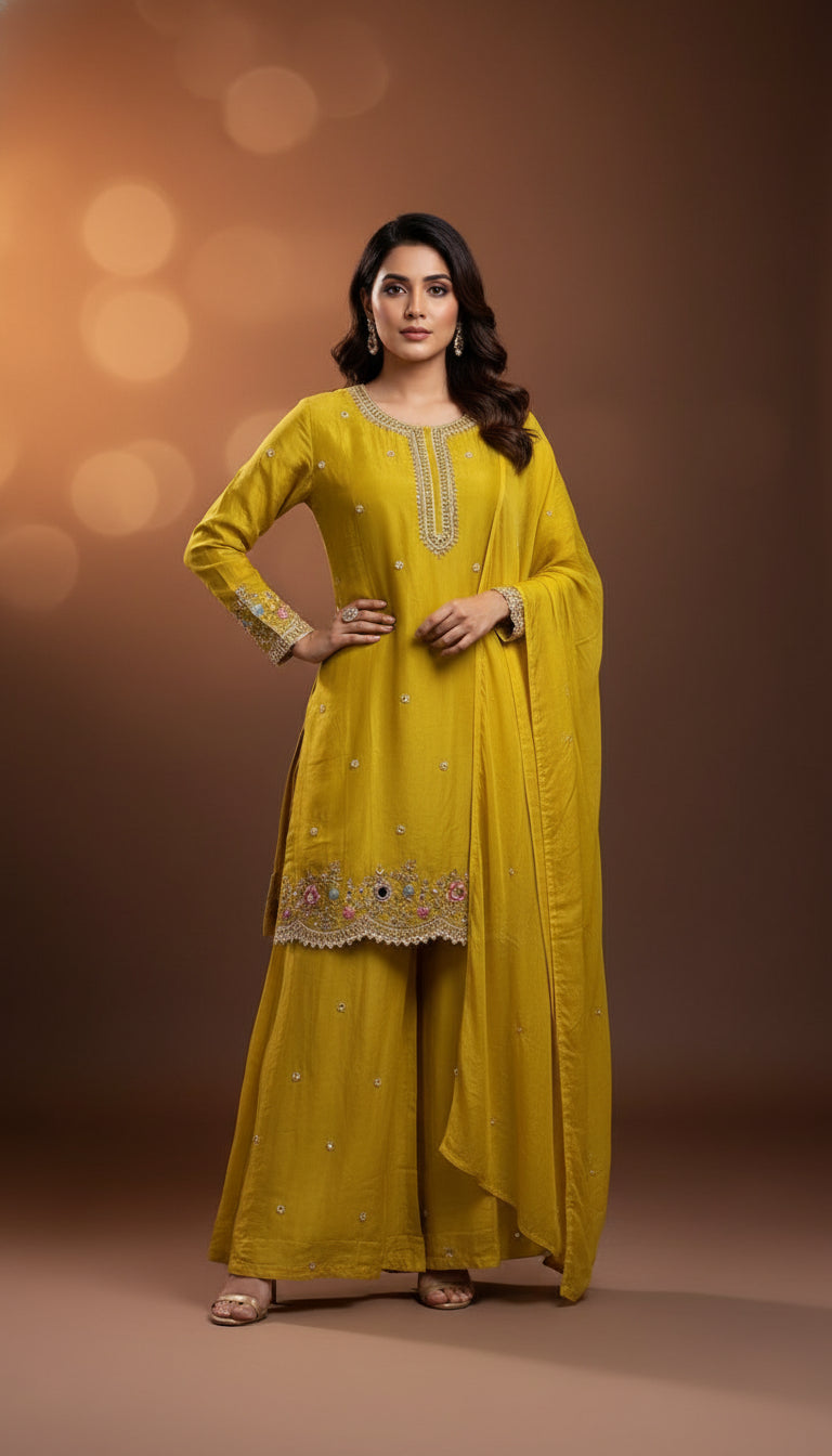 Yellow Chinnon Hand Embroidery Sharara Kurtha 301