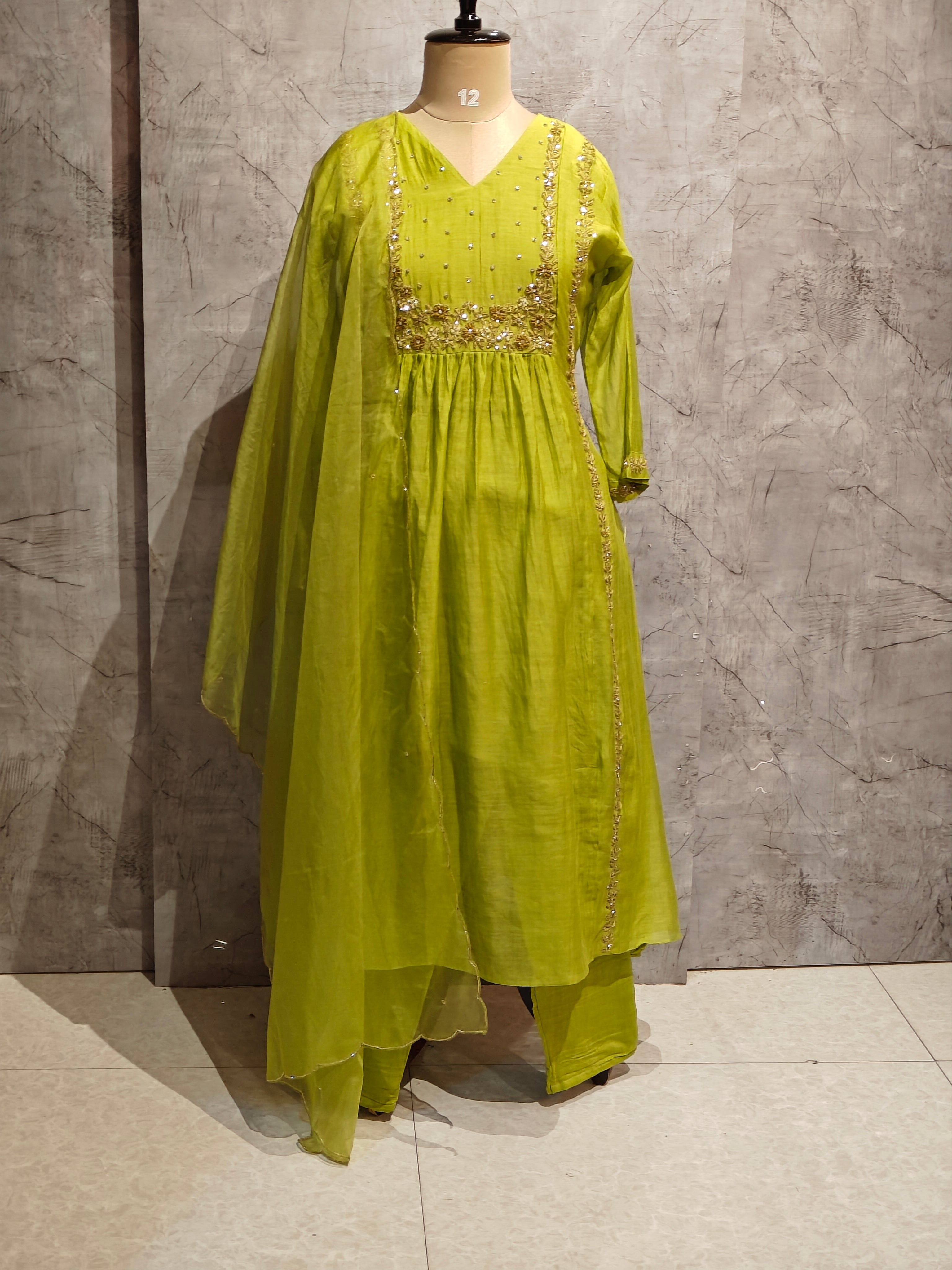 “Pani" Green  Mul Chanderi silk Kurtha suit with work hand embroidery 898