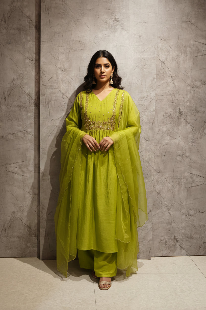“Pani" Green  Mul Chanderi silk Kurtha suit with work hand embroidery 898
