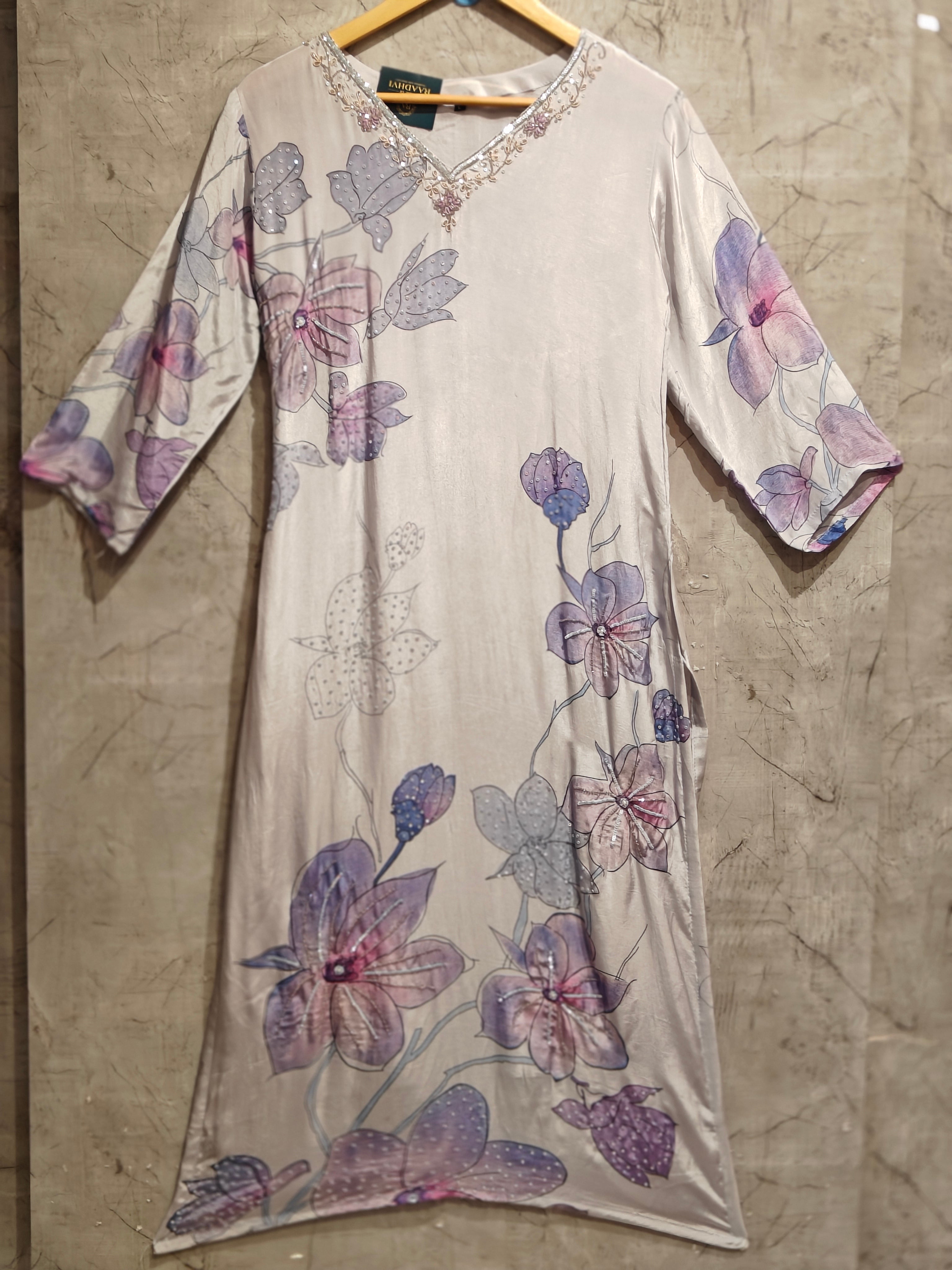 Purple Digital Print Handwork Crepe Kurtha 693