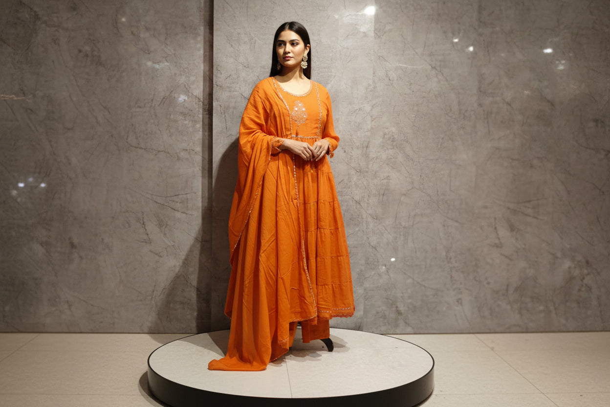Orange Cotton Anarkali Mirror Work Kurtha 643