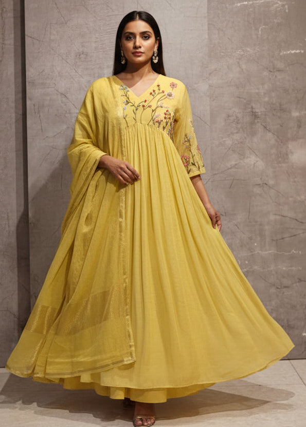 Yellow Mul Chanderi Thread Embroidery kurtha 717