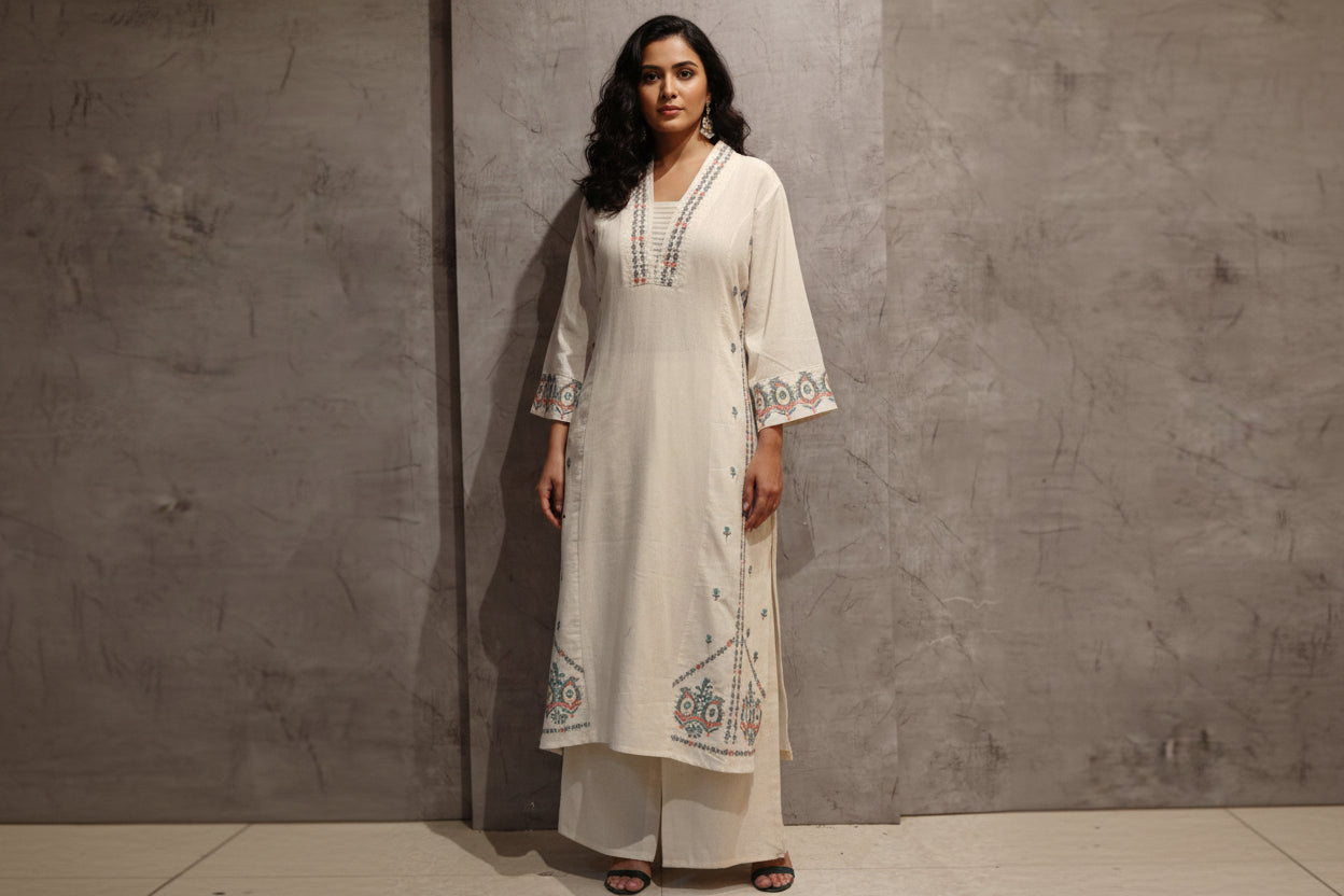 White Lenon Cotton Airline Cord Set kurtha 386