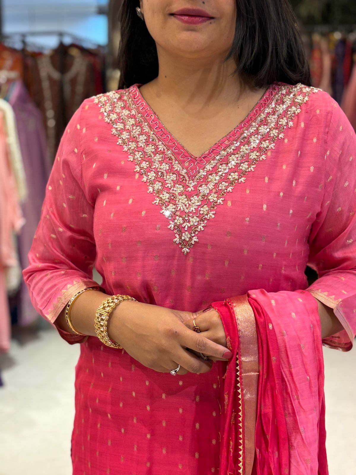 Pink Banarasi mul chanderi straight fit kurtha 991