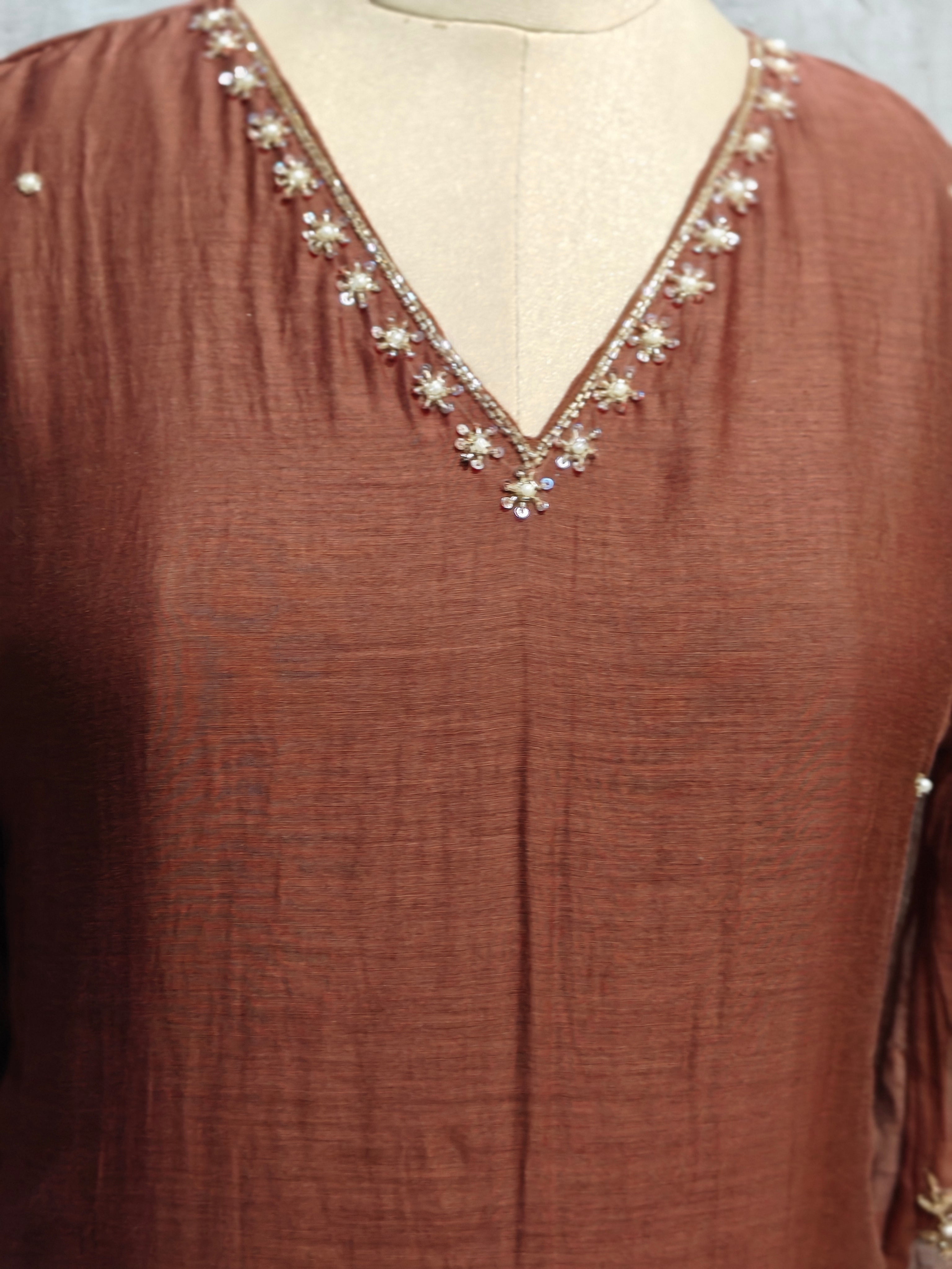 Brown Mul Chanderi Hand Embroidery Anarkali Kurtha 690