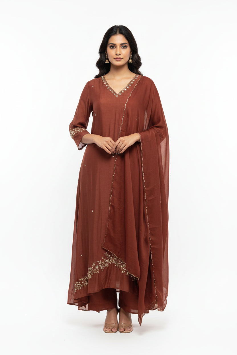 Brown Mul Chanderi Hand Embroidery Anarkali Kurtha 690