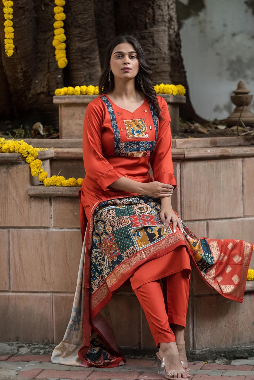 Orange  modul silk boutique aplique Kurtha 525