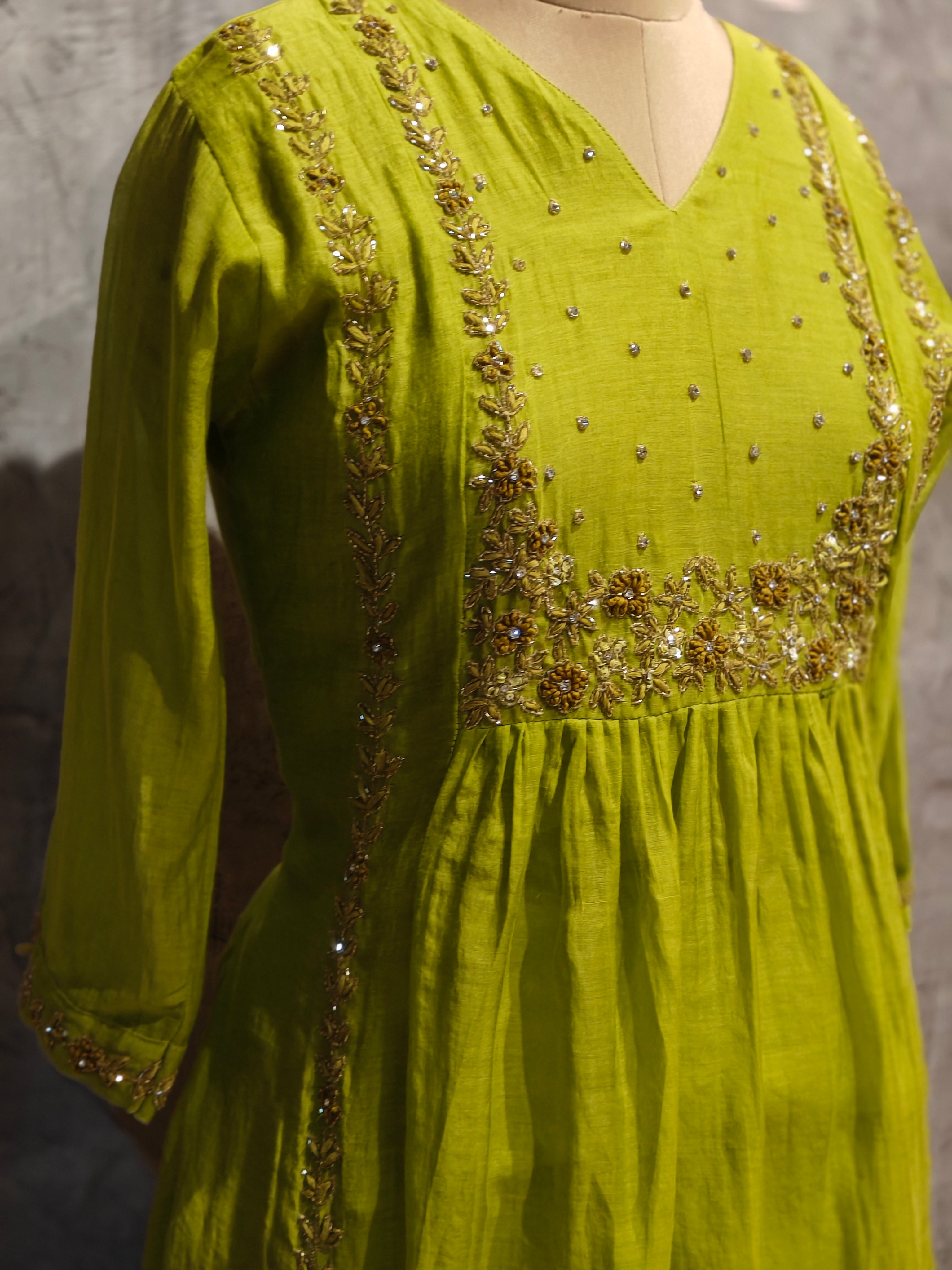 “Pani" Green  Mul Chanderi silk Kurtha suit with work hand embroidery 898