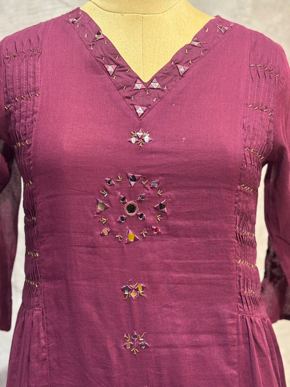 Purple Cotton Anarkali Mirror Work Kurtha 643