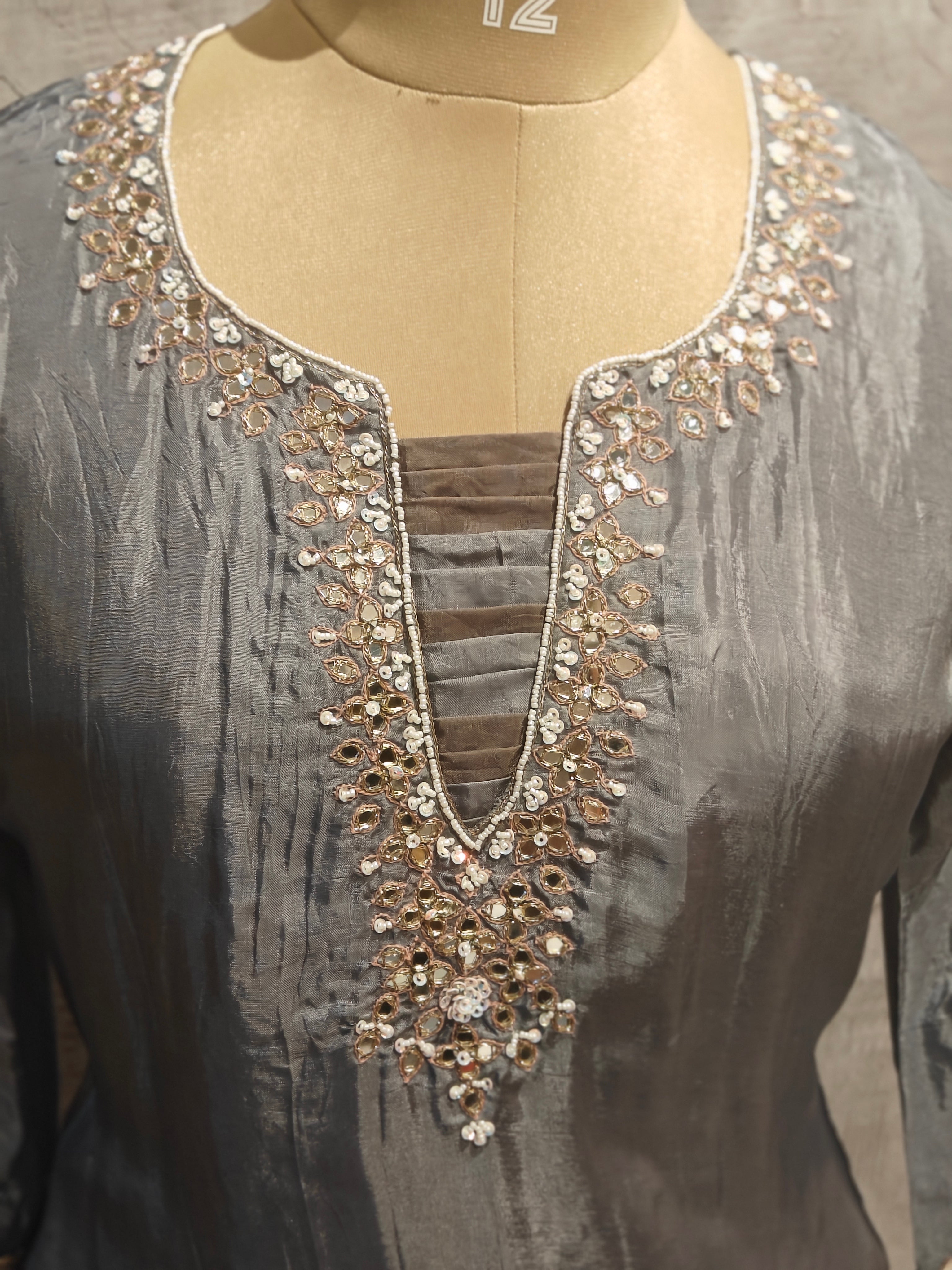 Grey Shimmer Hand Embroidery Kurtha