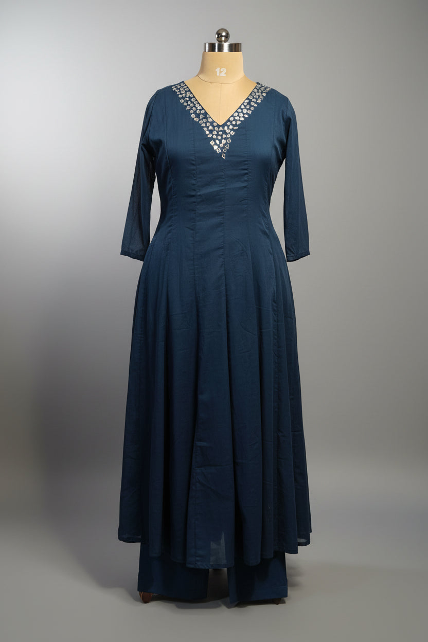 Peacock Blue Mul Chanderi Hand Embroidery Anarkali Kurtha 690