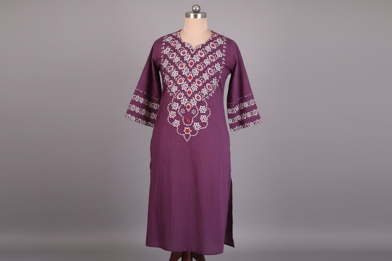 Purple Cotton Straight Fit Block print Kurtha 643