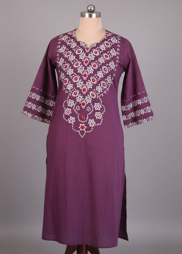 Purple Cotton Straight Fit Block print Kurtha 643