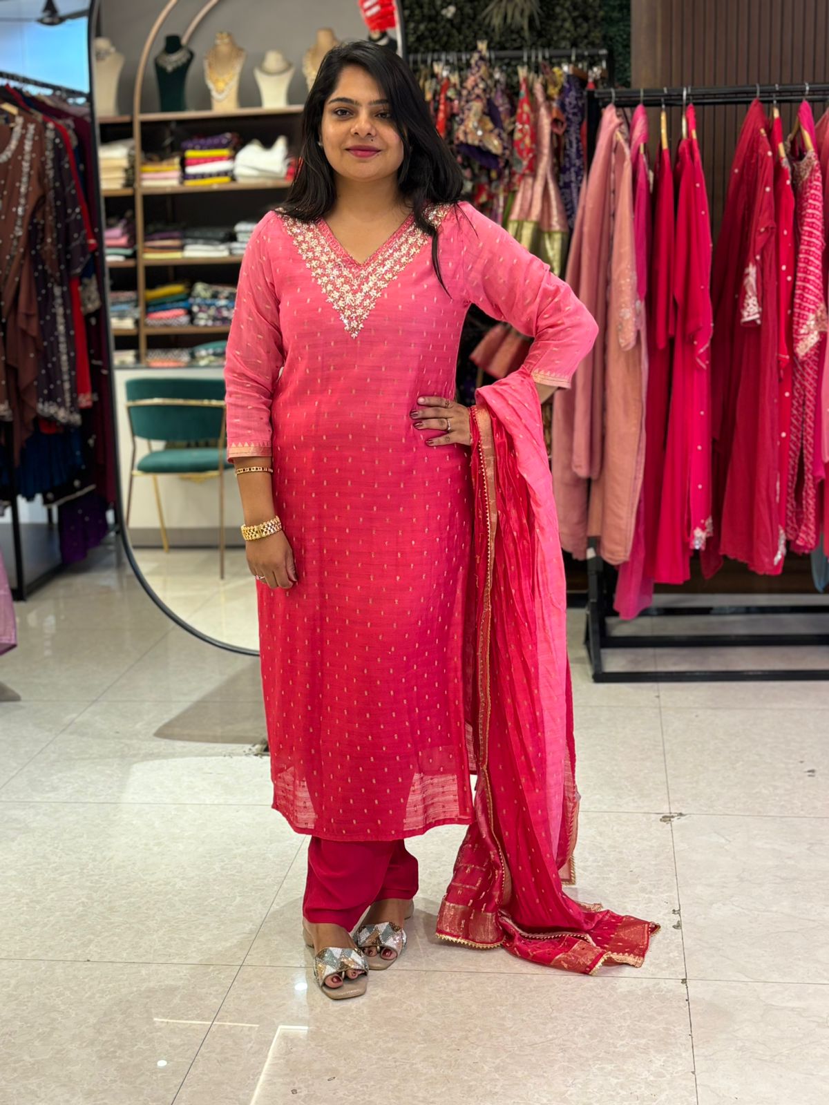 Pink Banarasi mul chanderi straight fit kurtha 991