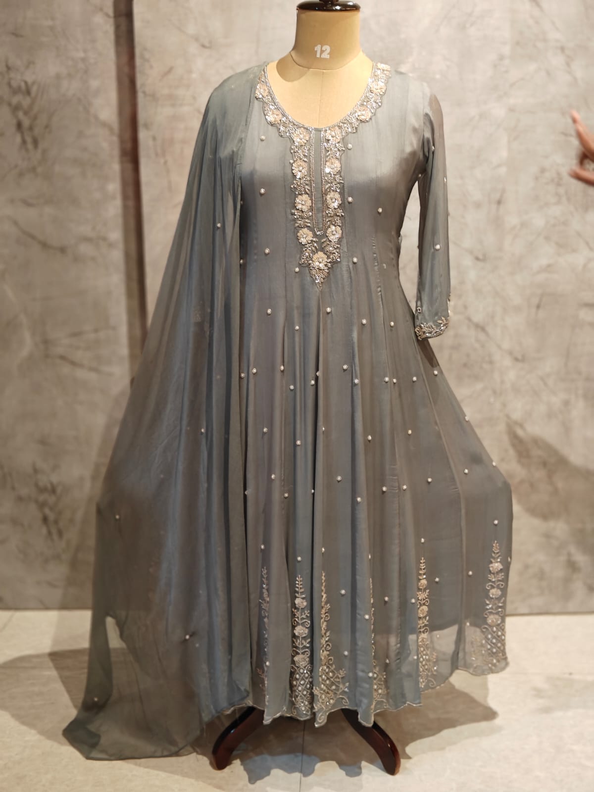 Grey Anarkali Chinnon Hand Embroidery Kurtha 567