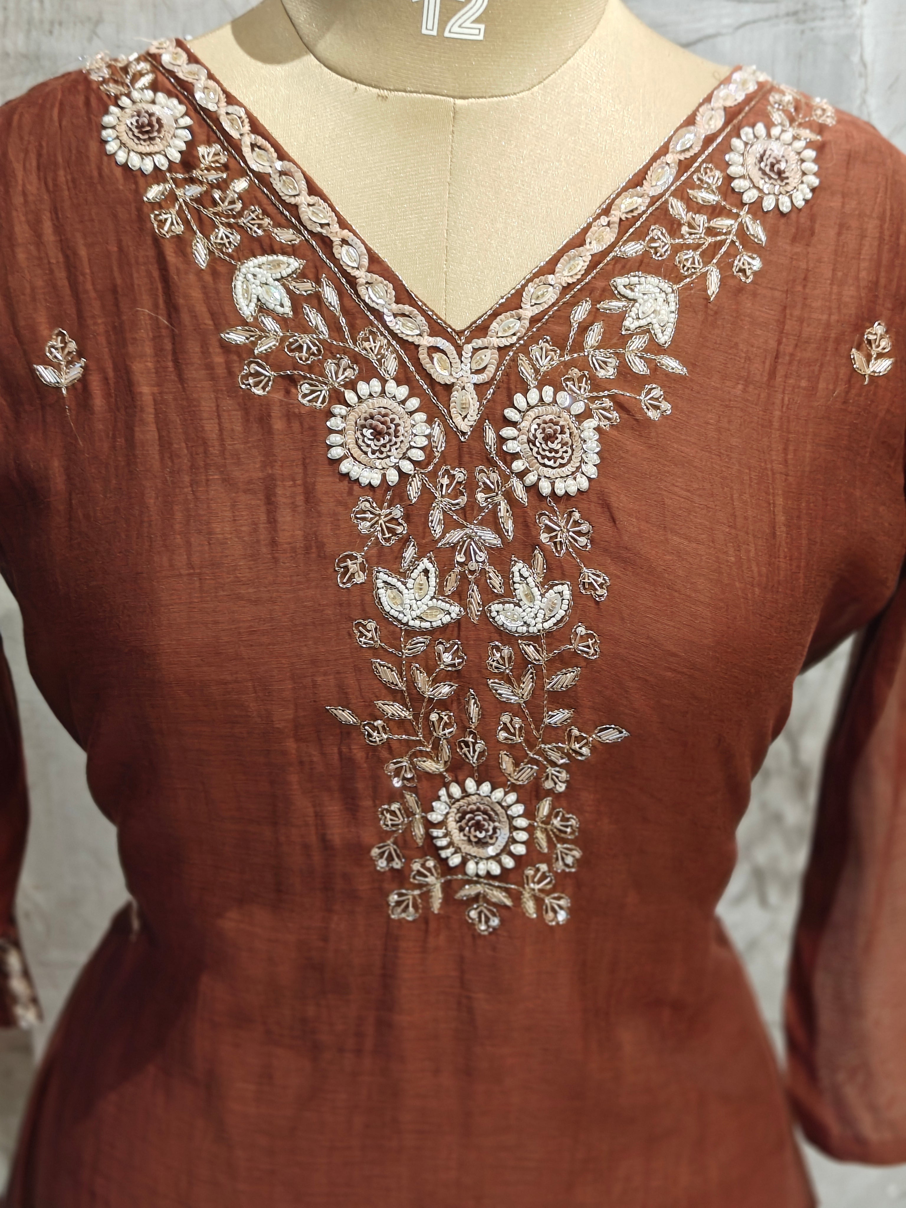 Brown Mul Chanderi Hand Embroidery Anarkali Kurtha 690