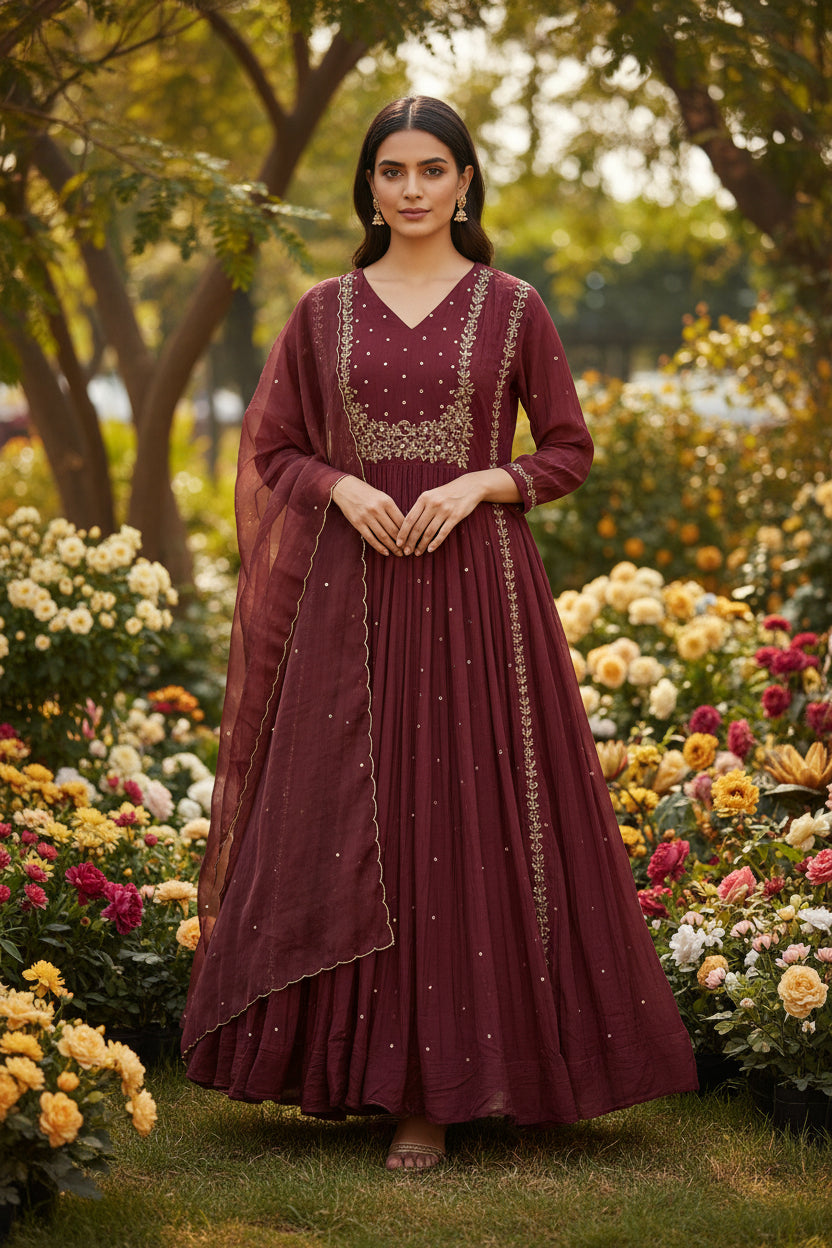 “Pani" Brown Mul Chanderi silk Kurtha suit with work hand embroidery 898
