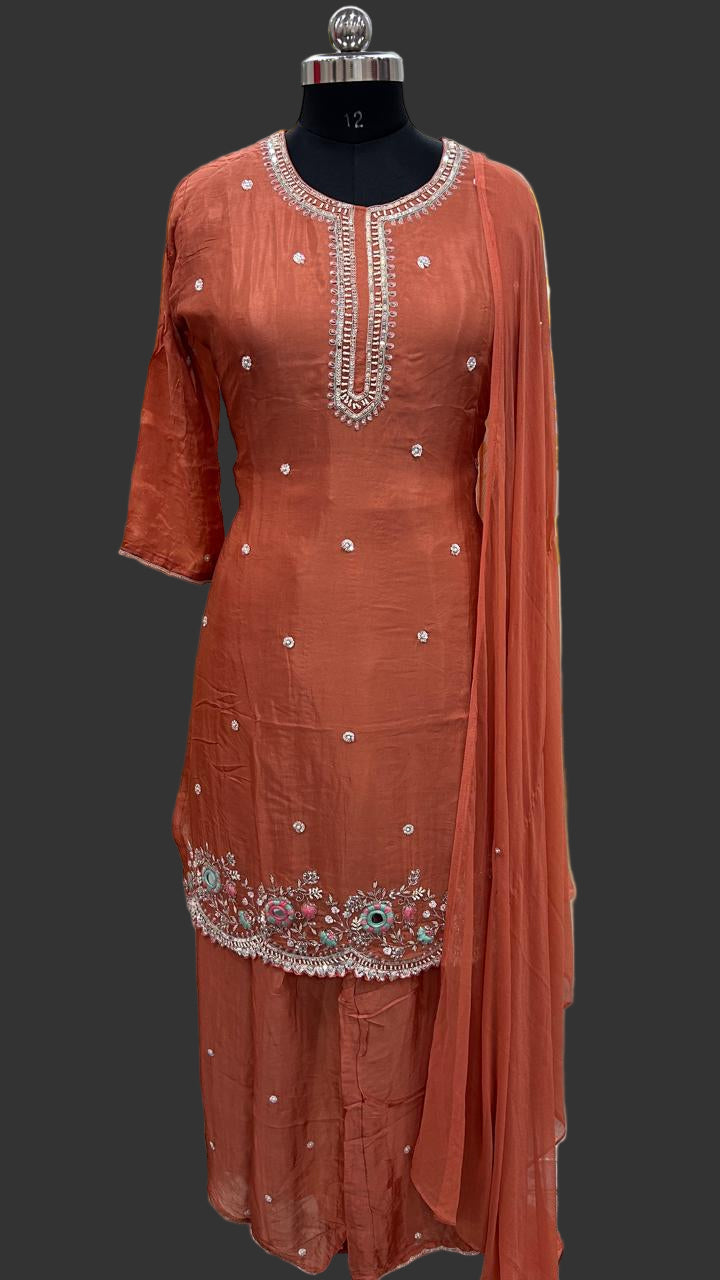 Orange Chinnon Hand Embroidery Sharara Kurtha 301