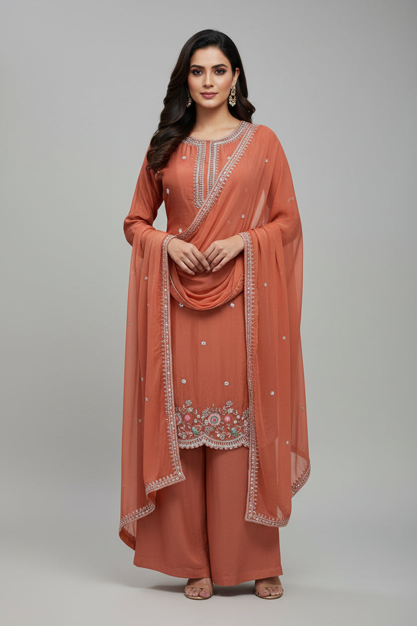 Orange Chinnon Hand Embroidery Sharara Kurtha 301