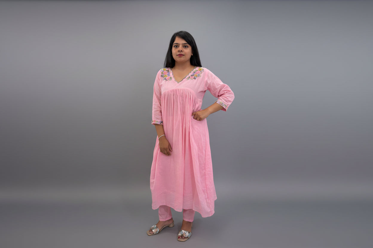 Pink Cotton Thread Embroidery Cord set  Kurtha 27