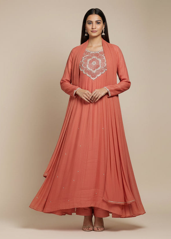Pink Mul silk Thread Embroidery Airline Kurtha 288
