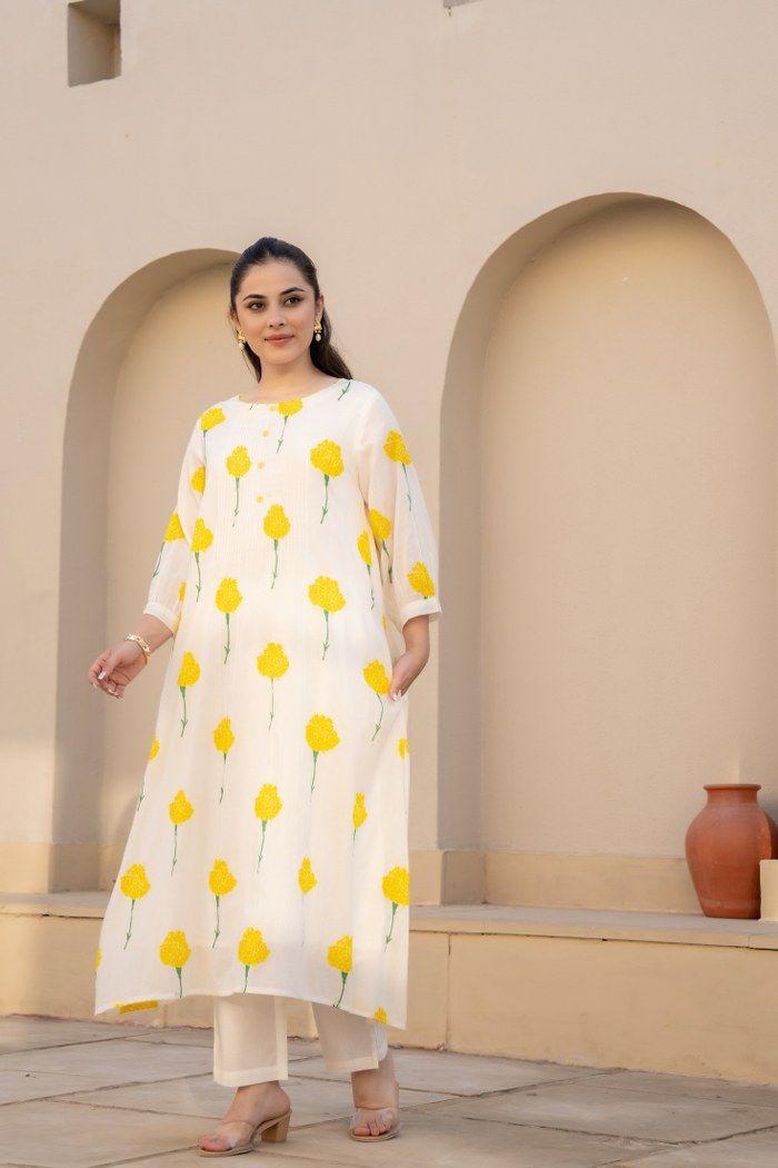 White nd Yellow Cotton Thread Embroidery Cord set Kurtha 27