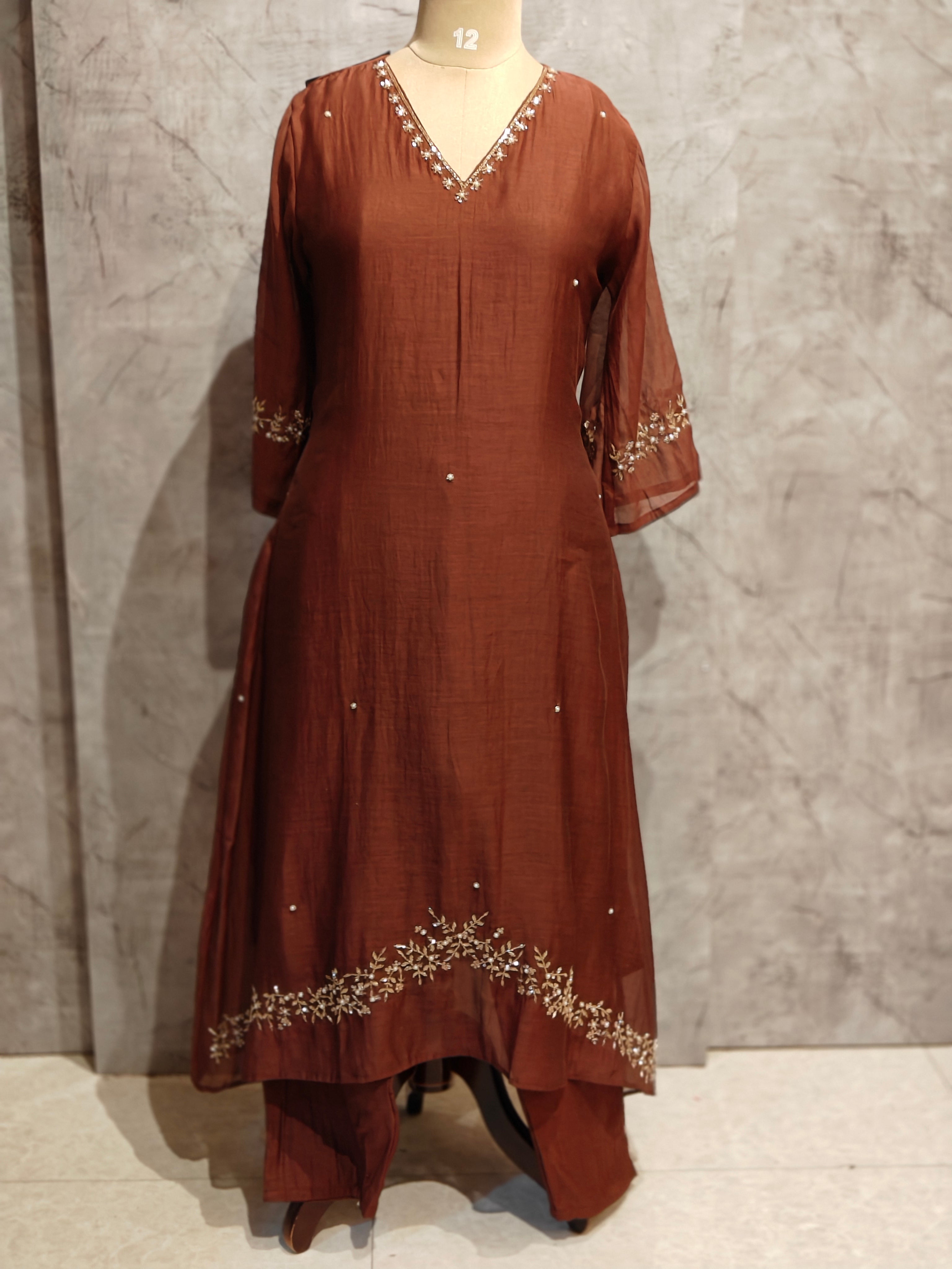 Brown Mul Chanderi Hand Embroidery Anarkali Kurtha 690