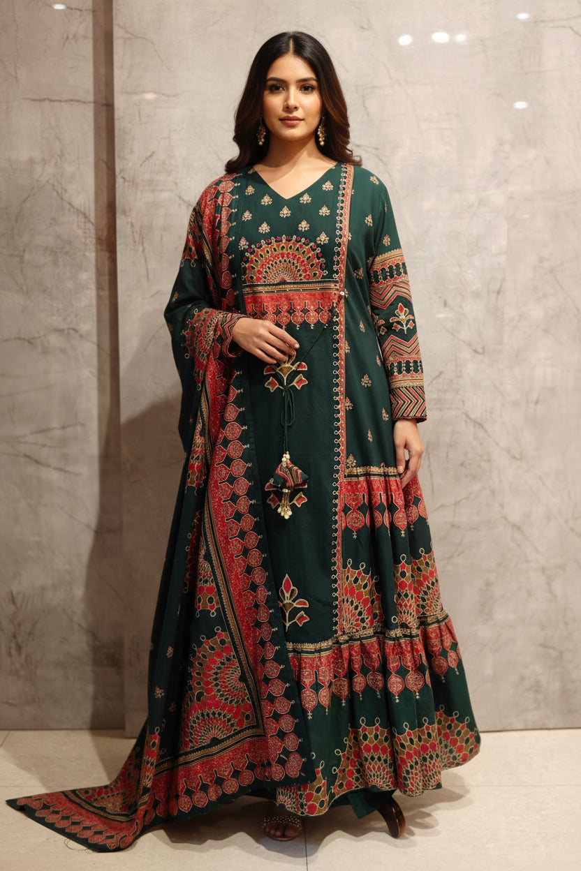 Bottle Green Mul Cotton Anarkali Kurtha