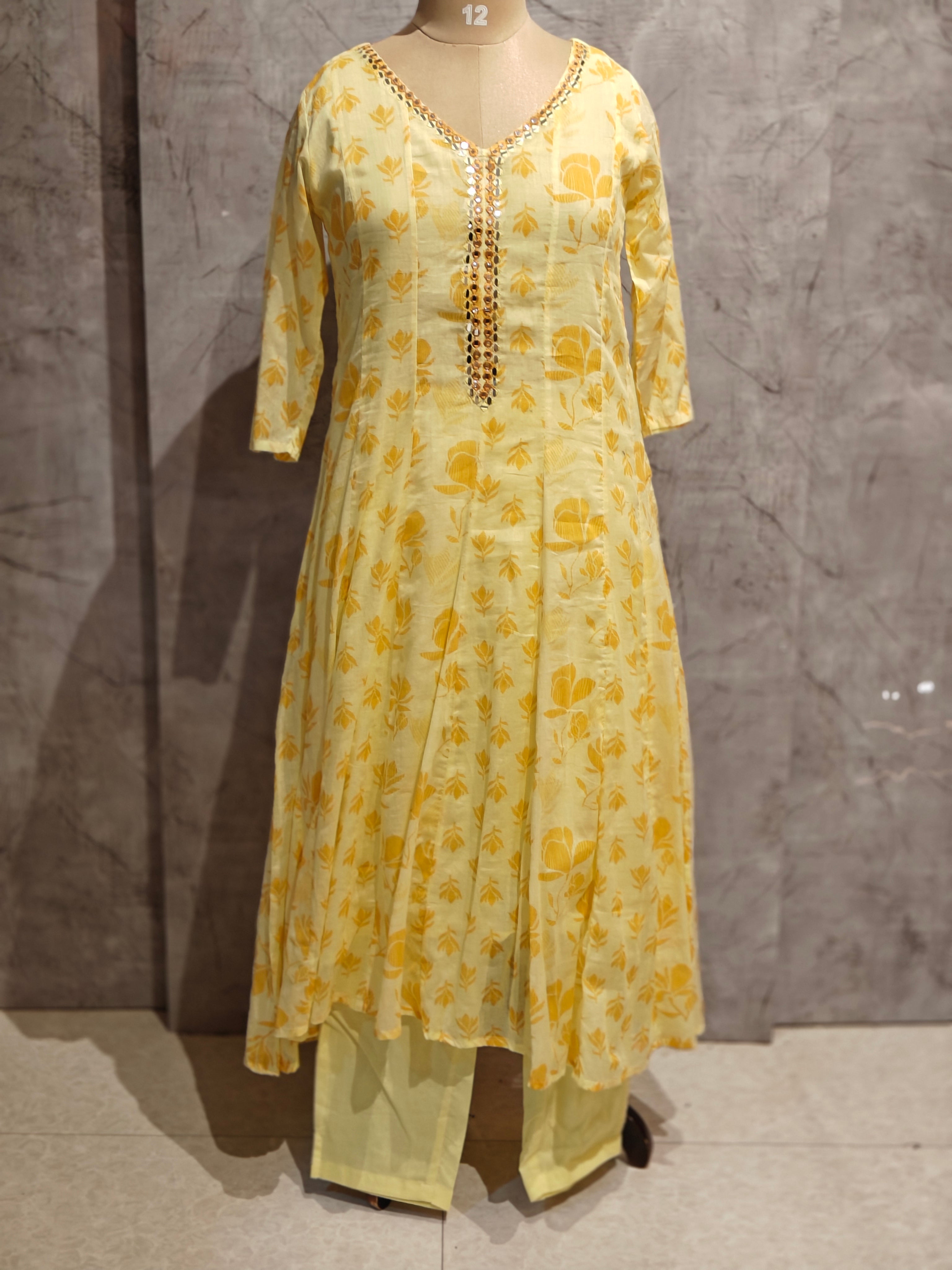 Yellow Cotton Block Print Anarkali  Kurtha 898