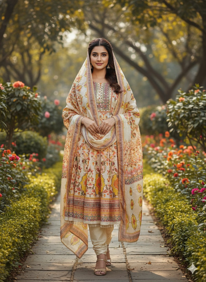 Cream Printed Kota Liene Anarkali Kurtha 41
