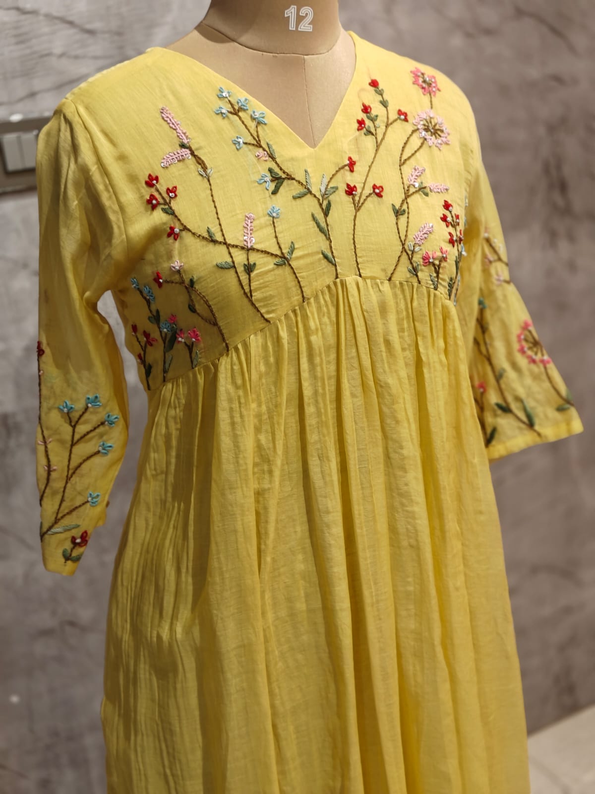 Yellow Mul Chanderi Thread Embroidery kurtha 717