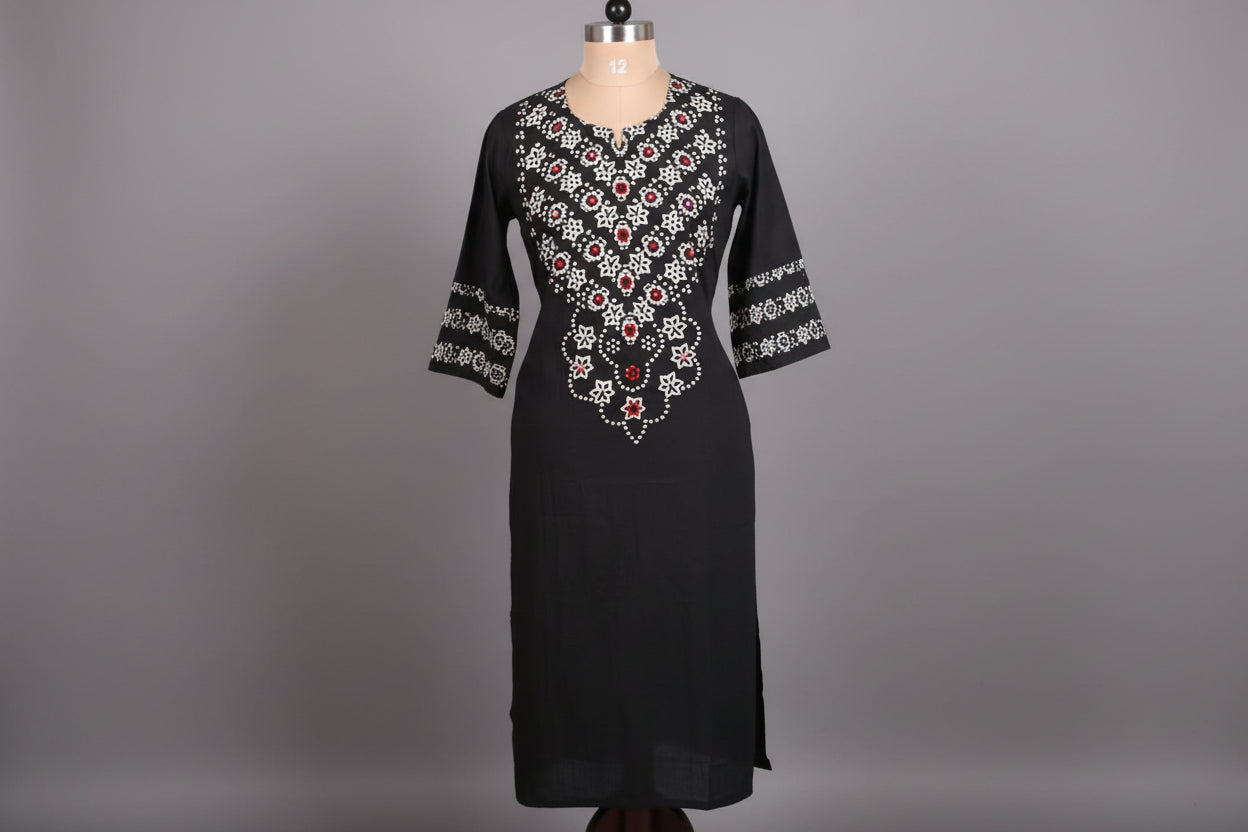 Black Cotton Straight Fit Block print Kurtha 643